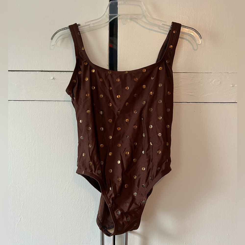 Speedo Brown Swimsuit with Gold Dots vintage fits like small